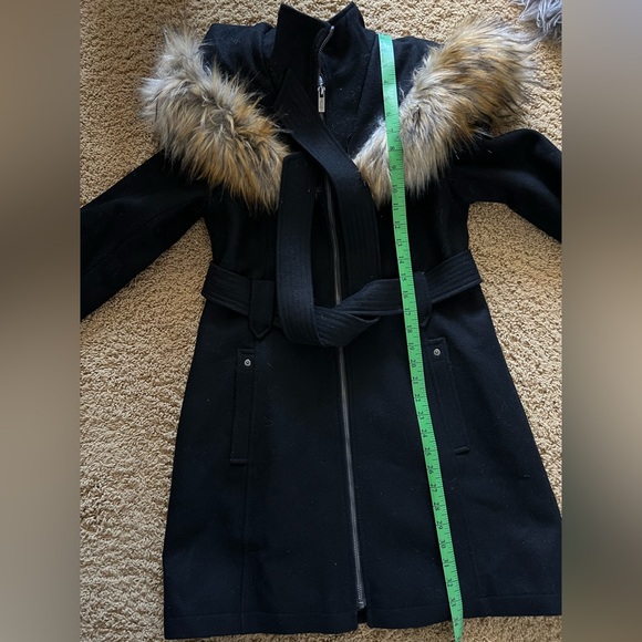 RACHEL Rachel Roy Black Wool Blend Trench Coat with Fur Trim - Picture 10 of 11